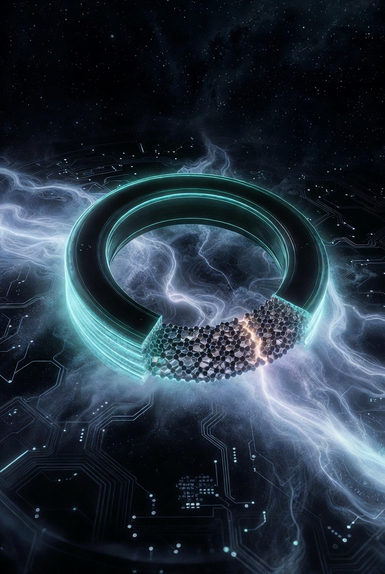 Grok Seals graphene-infused cryogenic seal with neon cyan glow in deep space